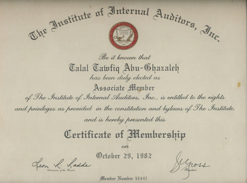 Membership certificate from the Institute of Internal Auditors, issued October 29, 1982
