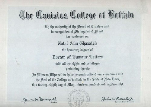 Honorary degree of Doctor of Humane Letters, issued by Canisius College of Buffalo, New York, May 28, 1988