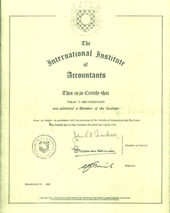 Membership certificate of the International Institute of Accountants, issued July 12, 1982